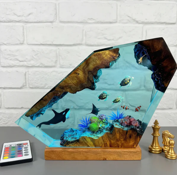 Orca, Turtle, Fish and Mantra Resin Lamp