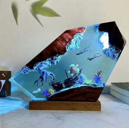 Large Octopus, Turtle and Divers Resin Lamp