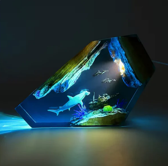 Hammerhead Shark and Divers Resin Lamp